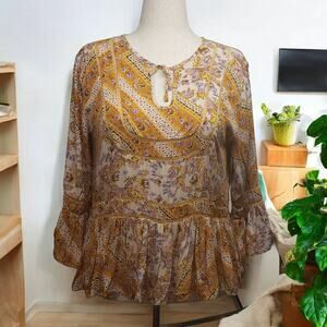JANSE Vintage Marigold Floral Blouse L Boho Ruffle Sleeve Cottagecore Top